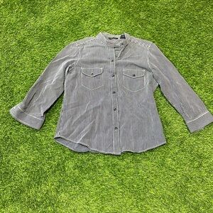 Ladies long sleeve banded collar blue and white pinstriped button up shirt.